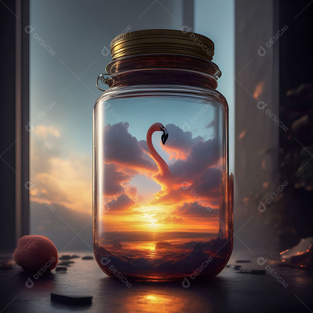 Jarro de vidro com flamingo e nuvem