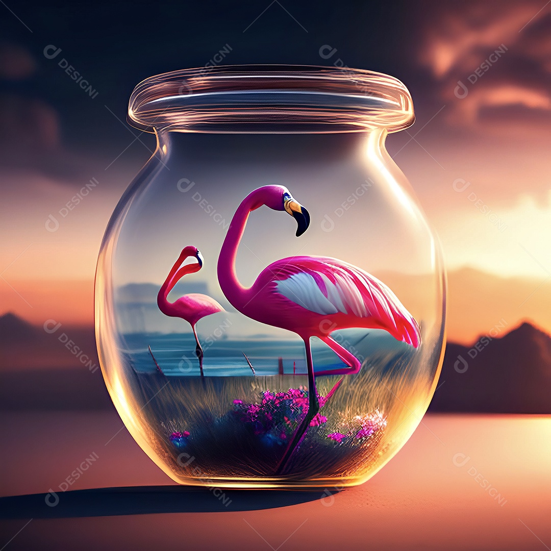 Jarro de vidro com flamingo