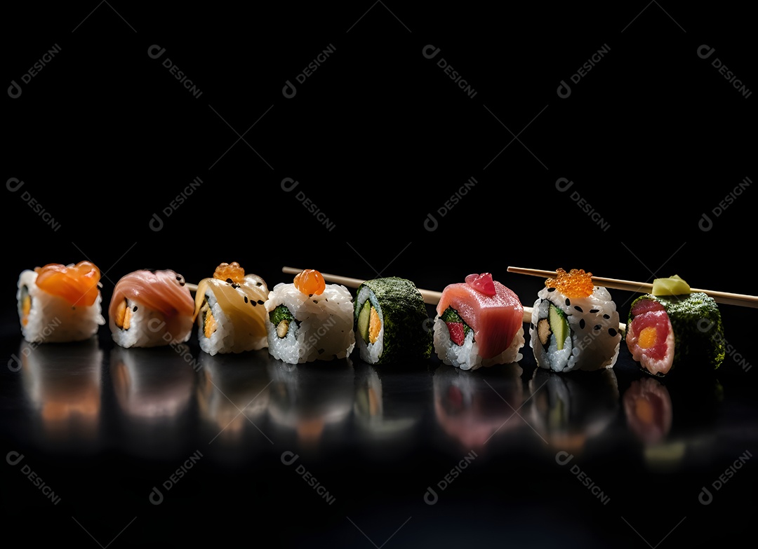 Deliciosas peças de sushi sobre fundo branco