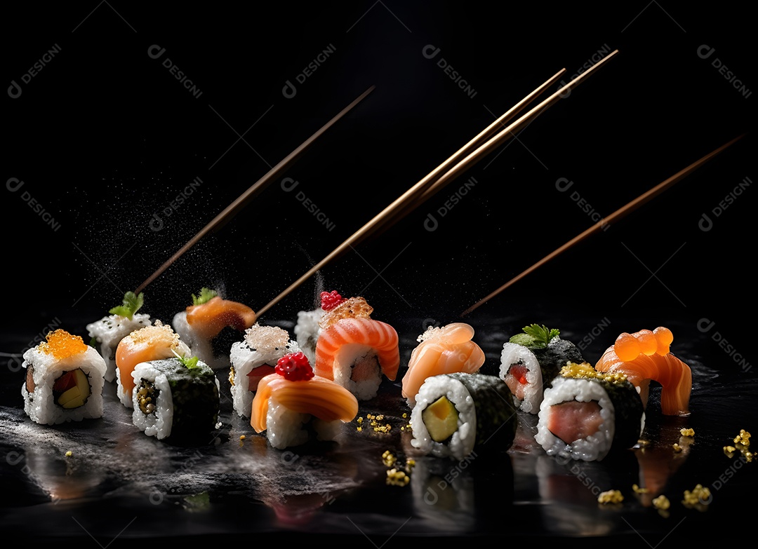 Deliciosas peças de sushi sobre fundo branco