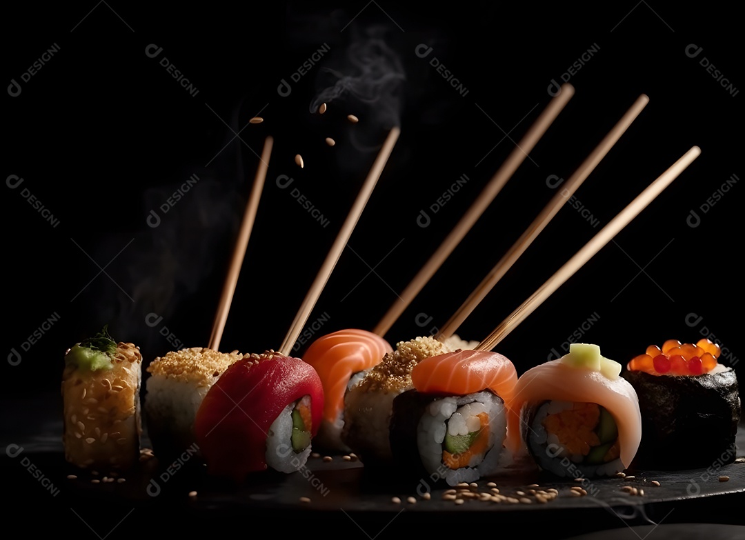 Deliciosas peças de sushi sobre fundo branco