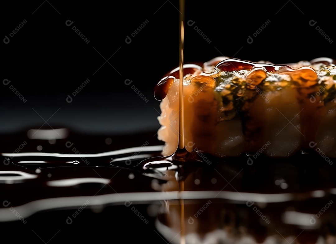 Deliciosa peça de sushi com molho em fundo preto