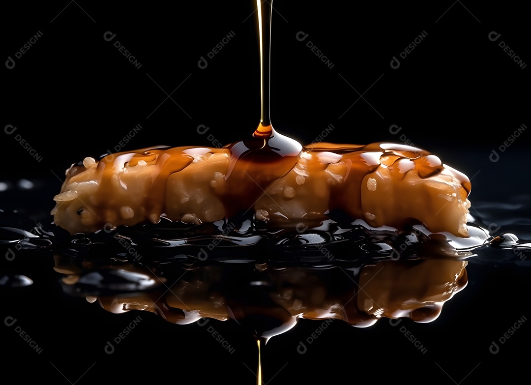 Deliciosa peça de sushi com molho em fundo preto