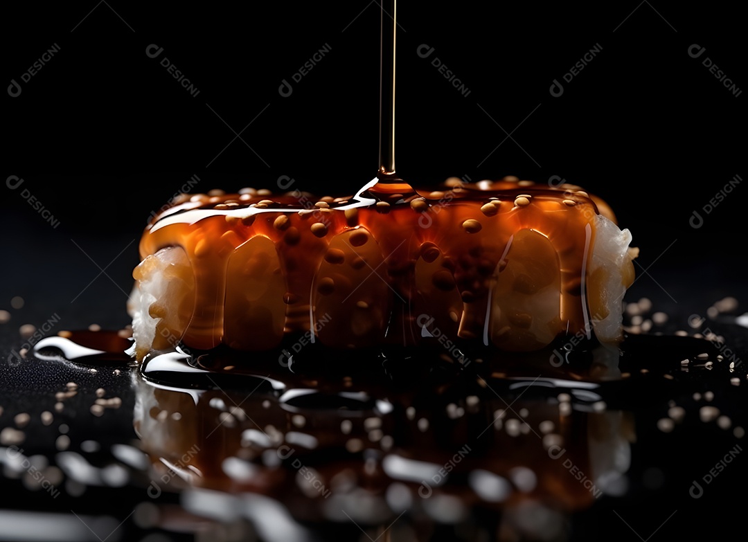 Deliciosa peça de sushi com molho em fundo preto