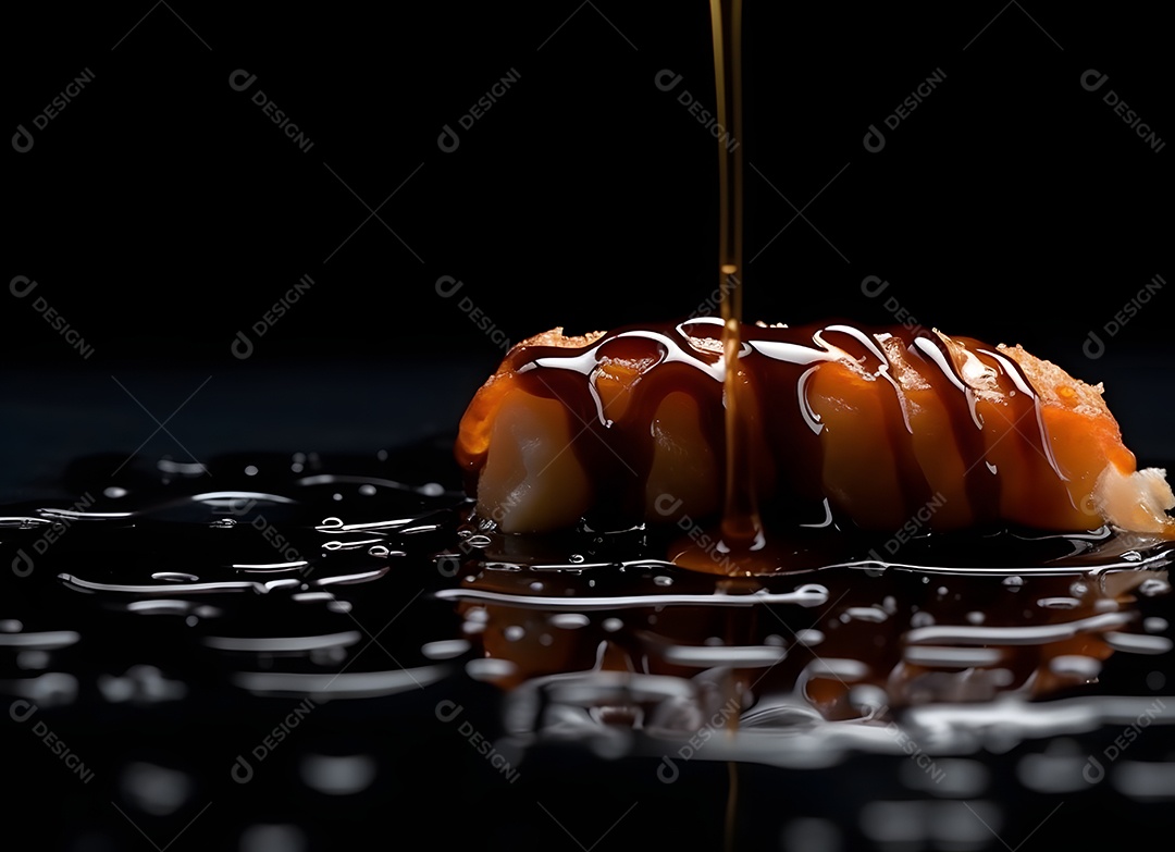 Deliciosa peça de sushi com molho em fundo preto