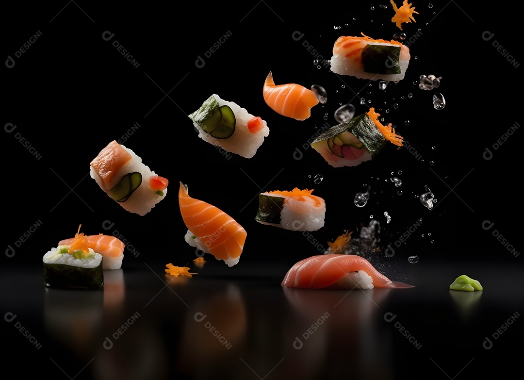 Deliciosas peças de sushi caindo sobre fundo preto