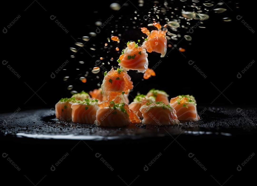 Deliciosas peças de sushi caindo sobre fundo preto