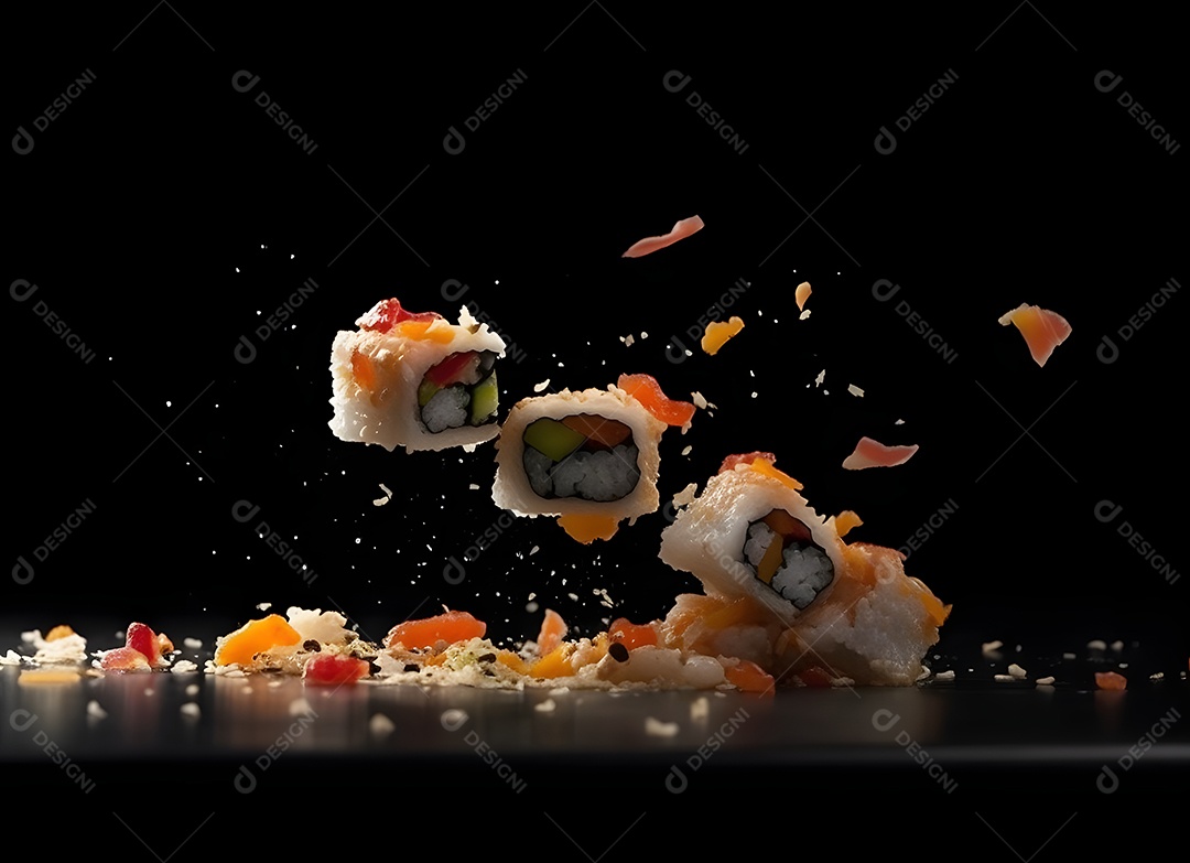 Deliciosas peças de sushi caindo sobre fundo preto