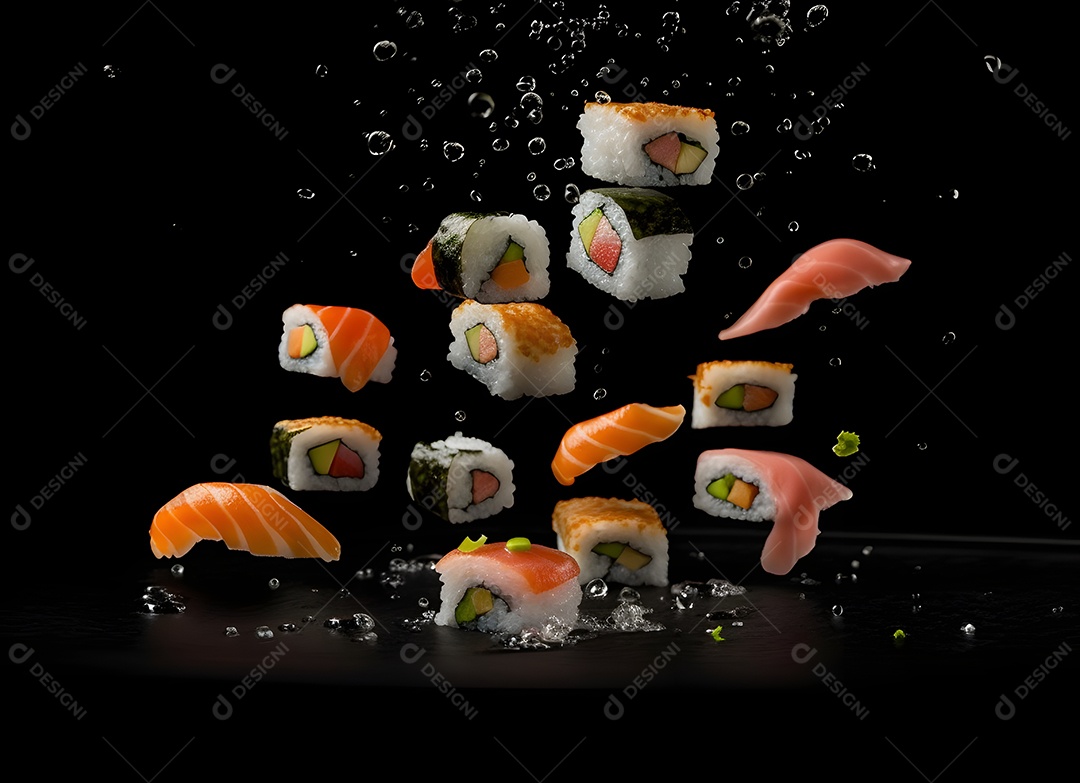 Deliciosas peças de sushi caindo sobre fundo preto