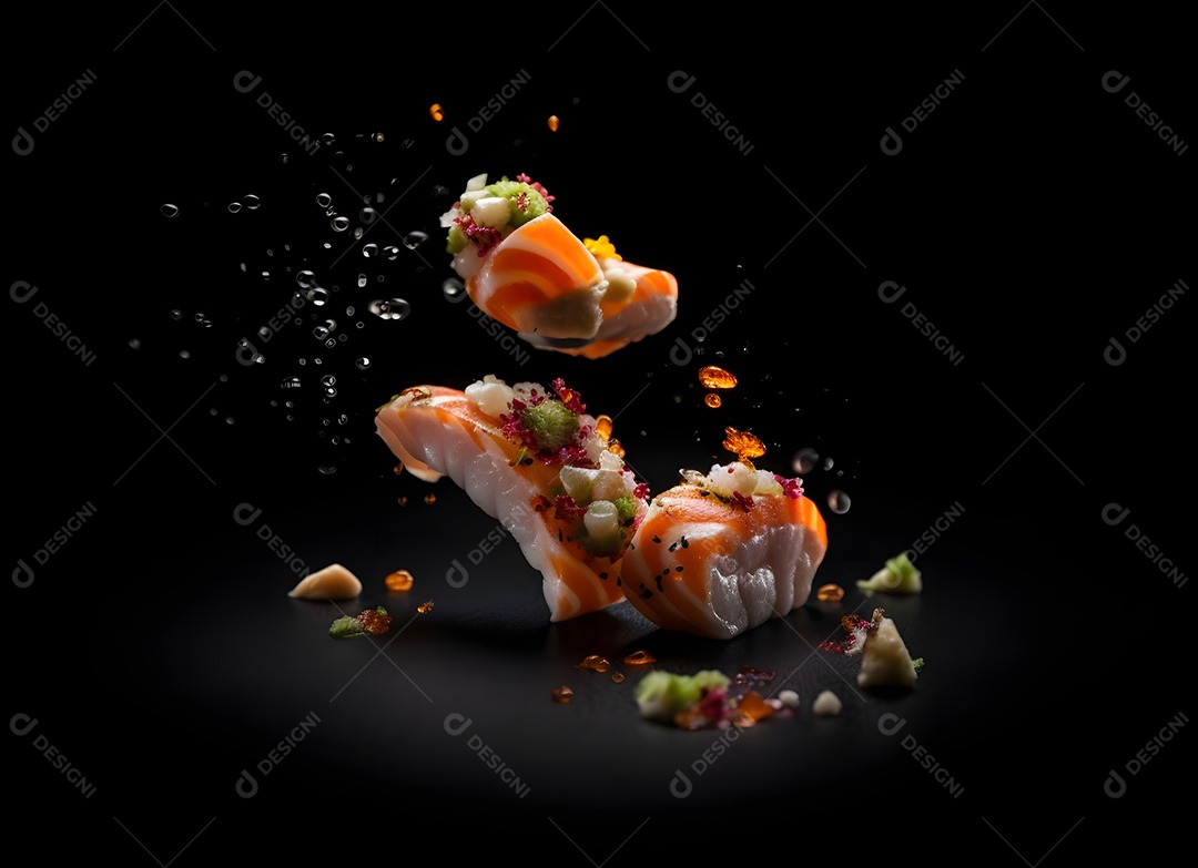 Peças de sushi caindo sobre fundo preto