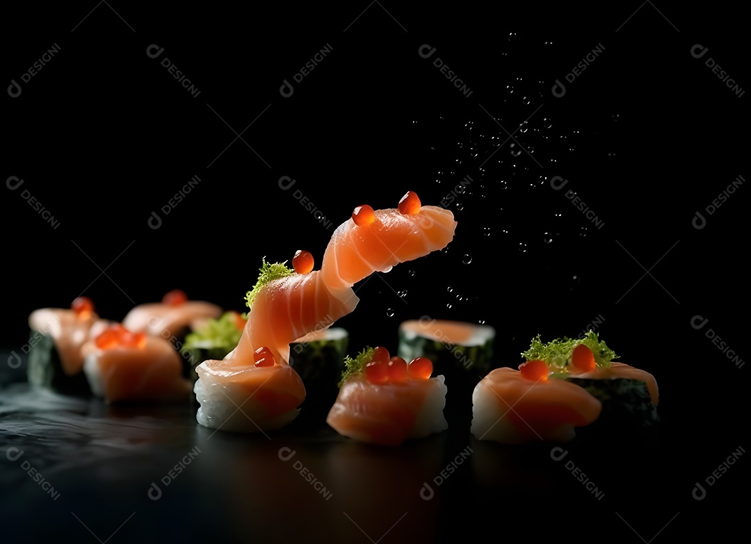 Peças de sushi sobre fundo preto