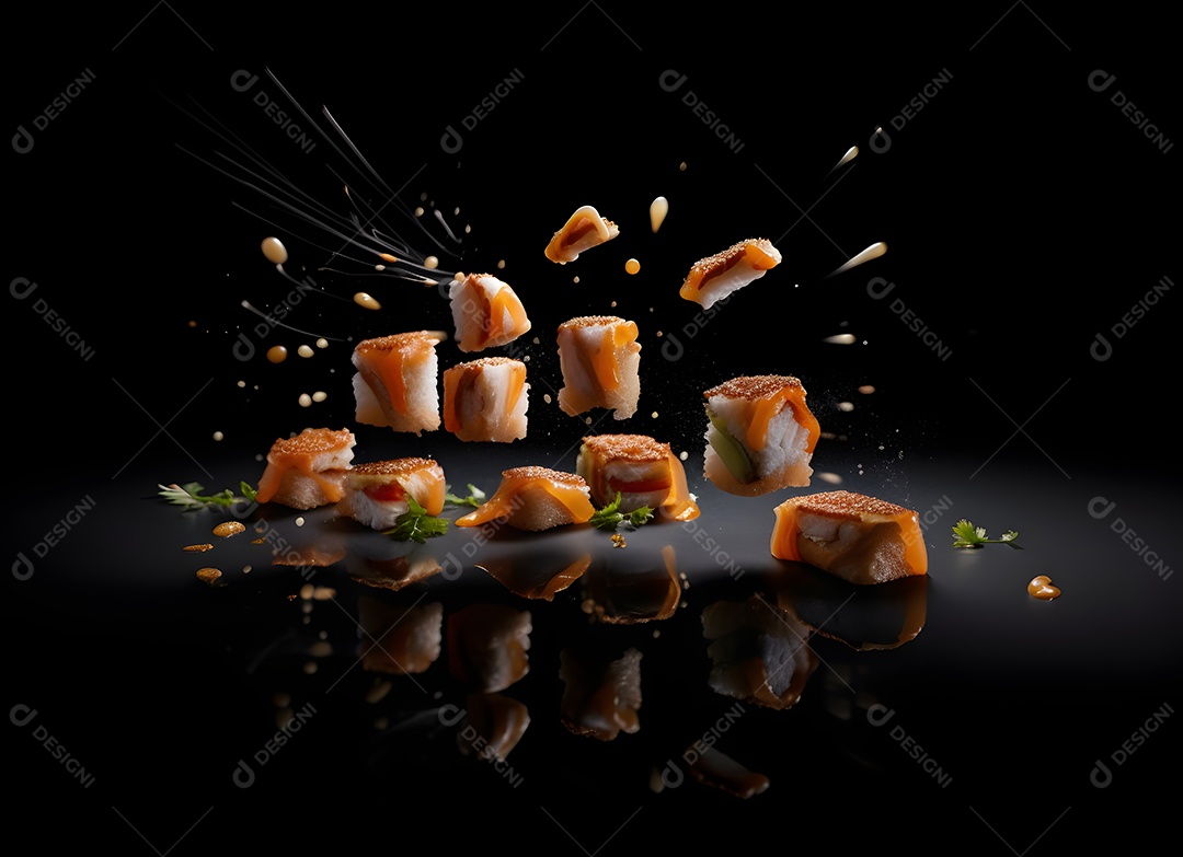 Peças de sushi sobre fundo preto