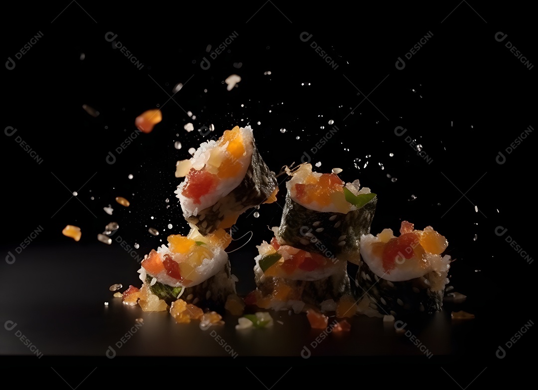 Peças de sushi sobre fundo preto