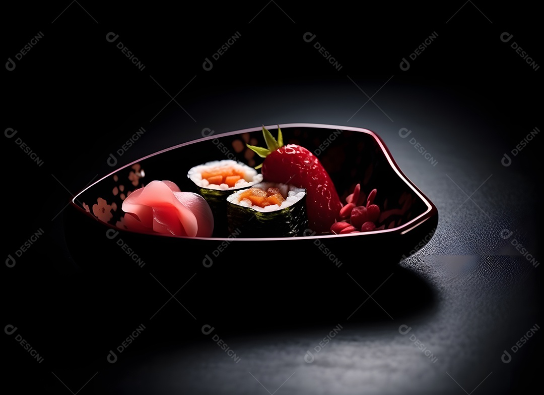 Prato com peças de sushi sobre fundo preto