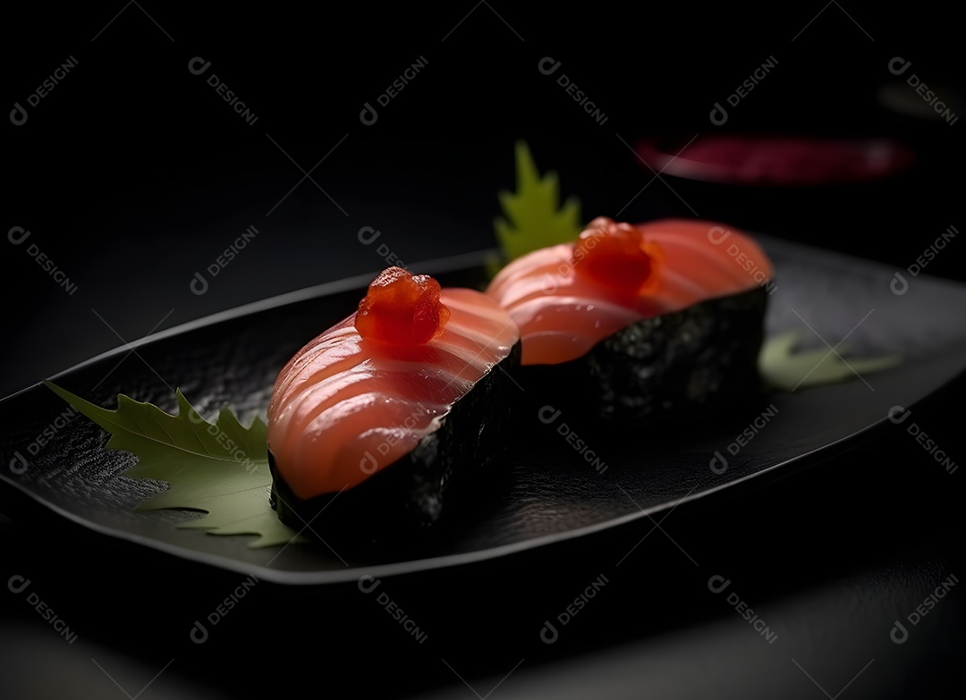 Prato com peças de sushi sobre fundo preto