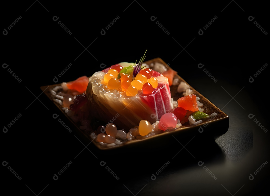Prato com peças de sushi sobre fundo preto
