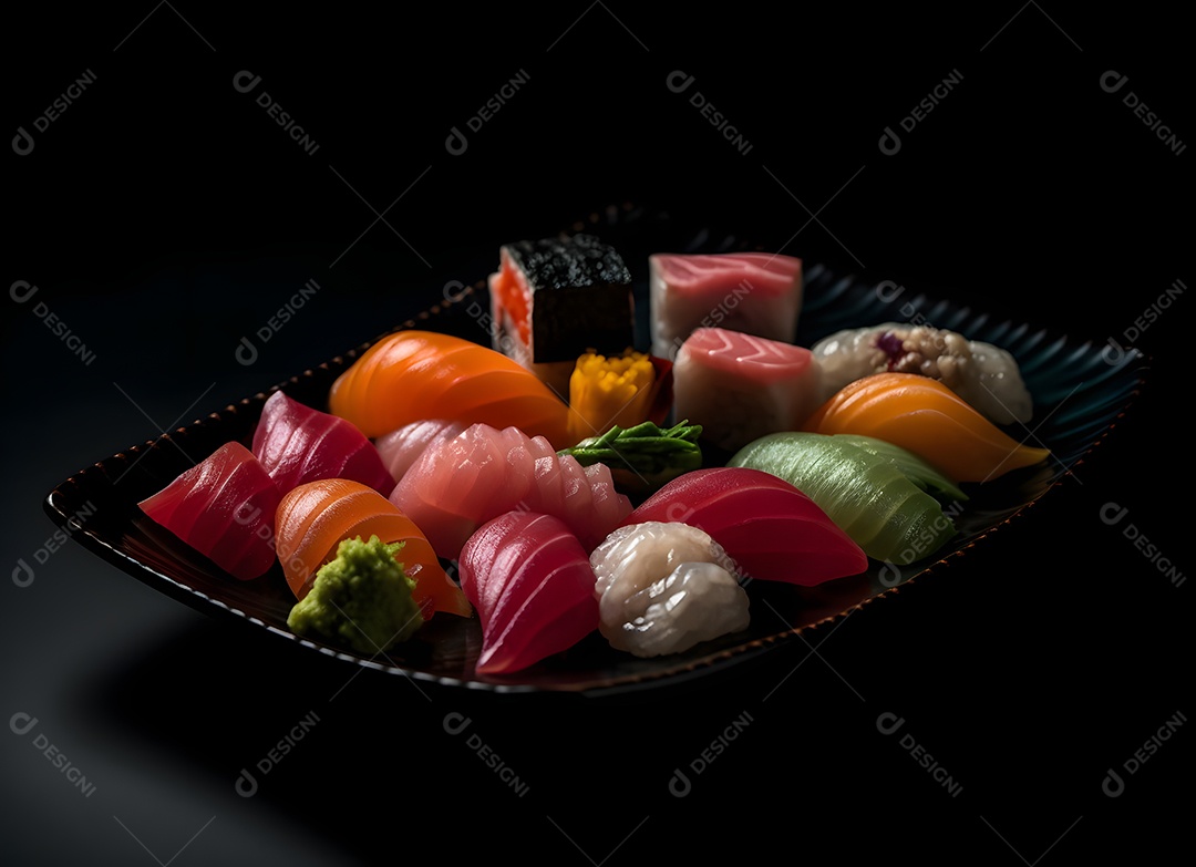 Prato com peças de sushi sobre fundo preto