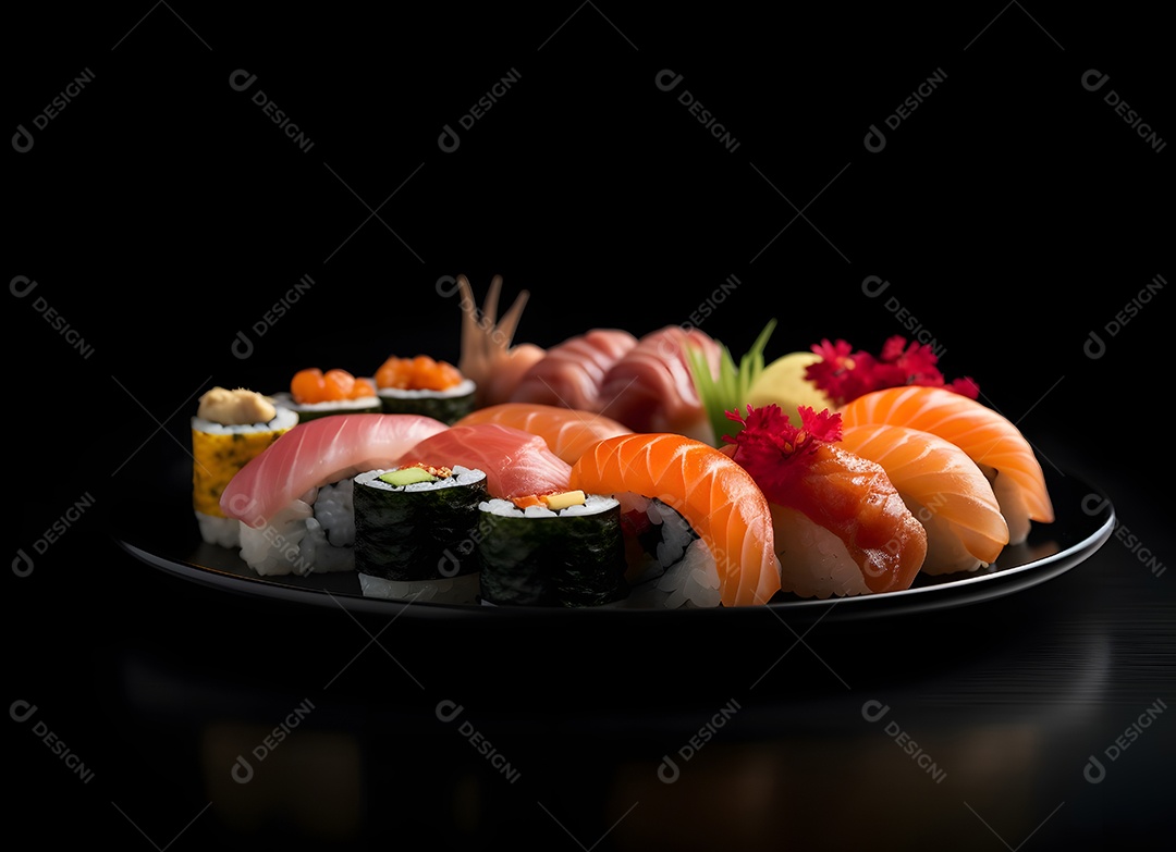 Prato com peças de sushi sobre fundo preto