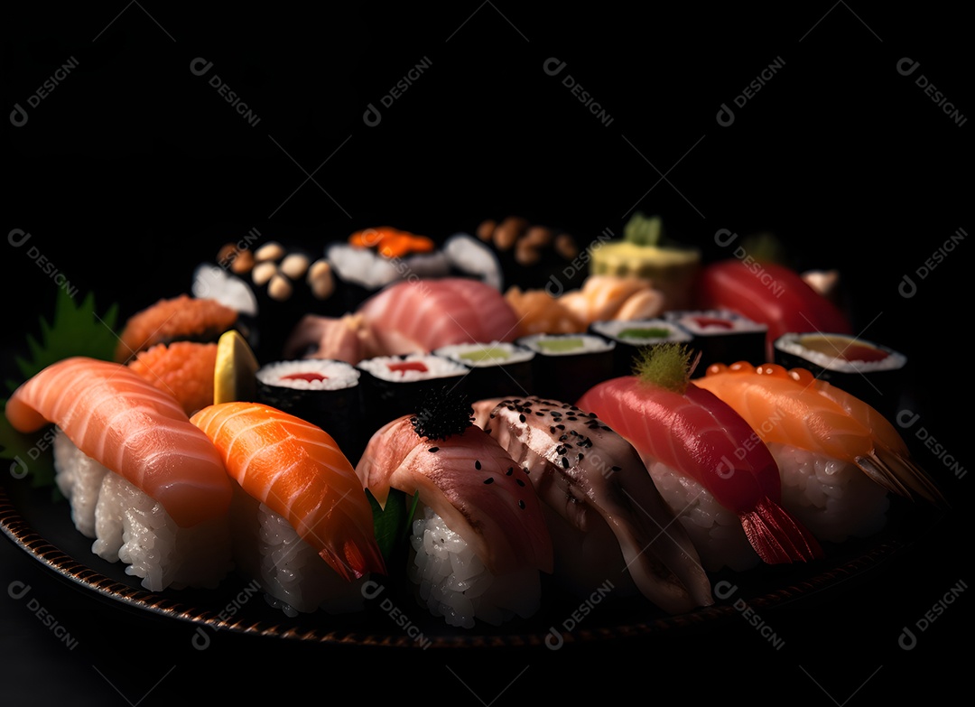 Prato com peças de sushi sobre fundo preto