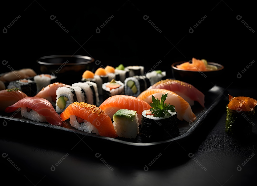 Prato com peças de sushi sobre fundo preto