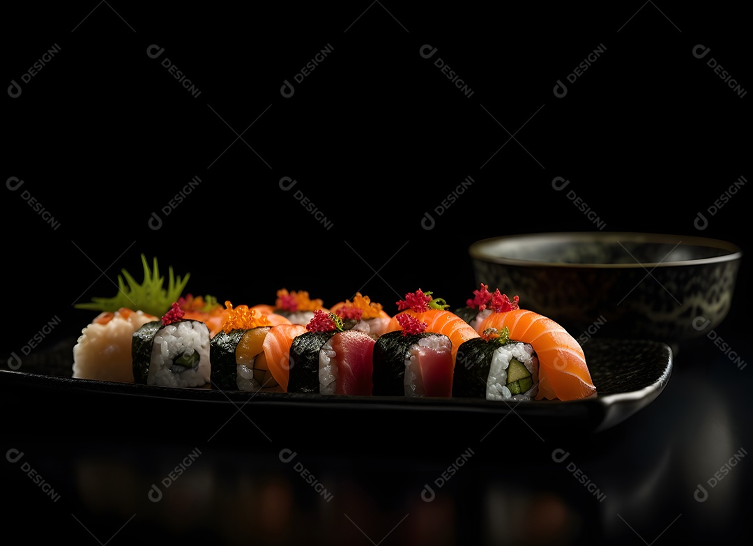 Prato com peças de sushi sobre fundo preto