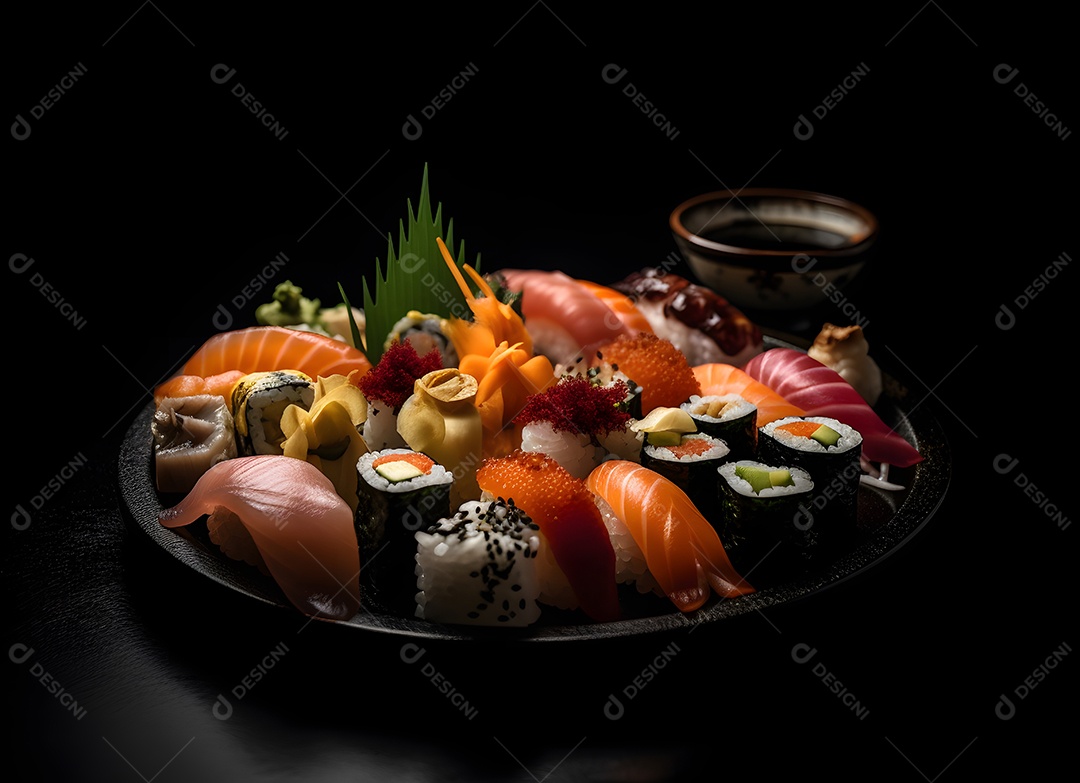 Prato com peças de sushi sobre fundo preto