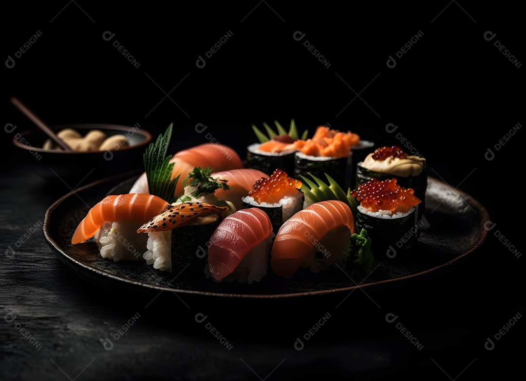 Prato com peças de sushi sobre fundo preto