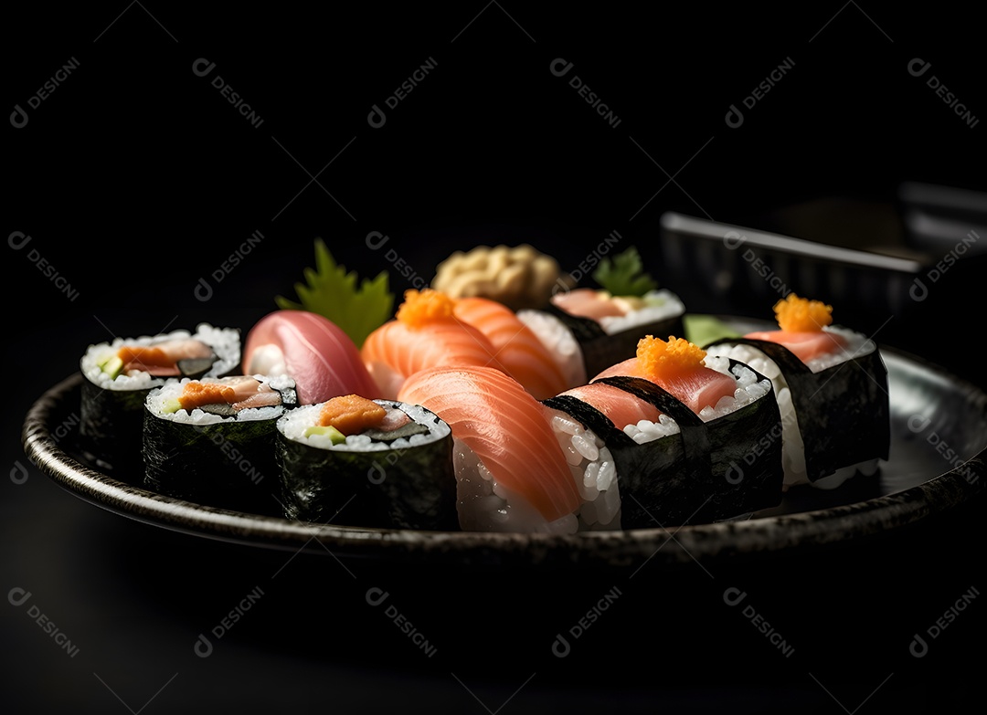 Prato com peças de sushi sobre fundo preto