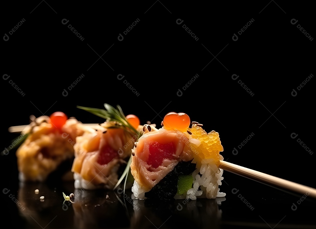 Deliciosas peças de sushi sobre fundo preto