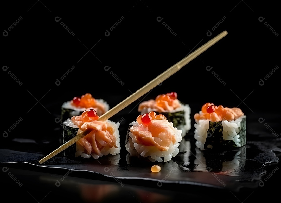 Deliciosas peças de sushi sobre fundo preto