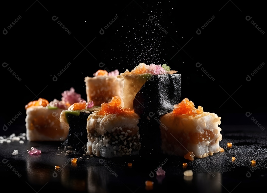 Deliciosas peças de sushi sobre fundo preto