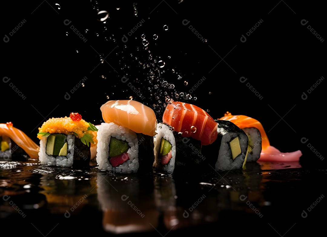Deliciosas peças de sushi sobre fundo preto