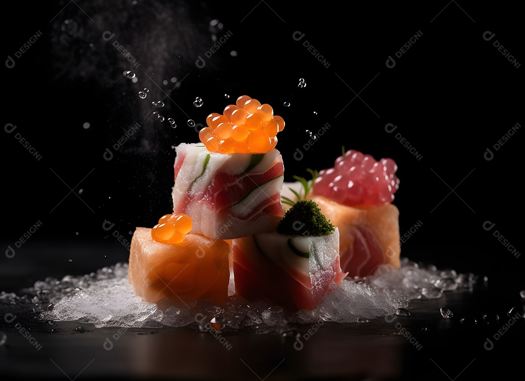 Deliciosas peças de sushi sobre fundo preto