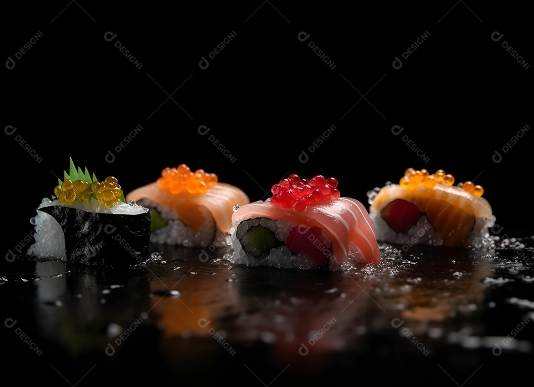 Deliciosas peças de sushi sobre fundo preto