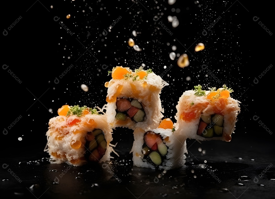 Deliciosas peças de sushi sobre fundo preto