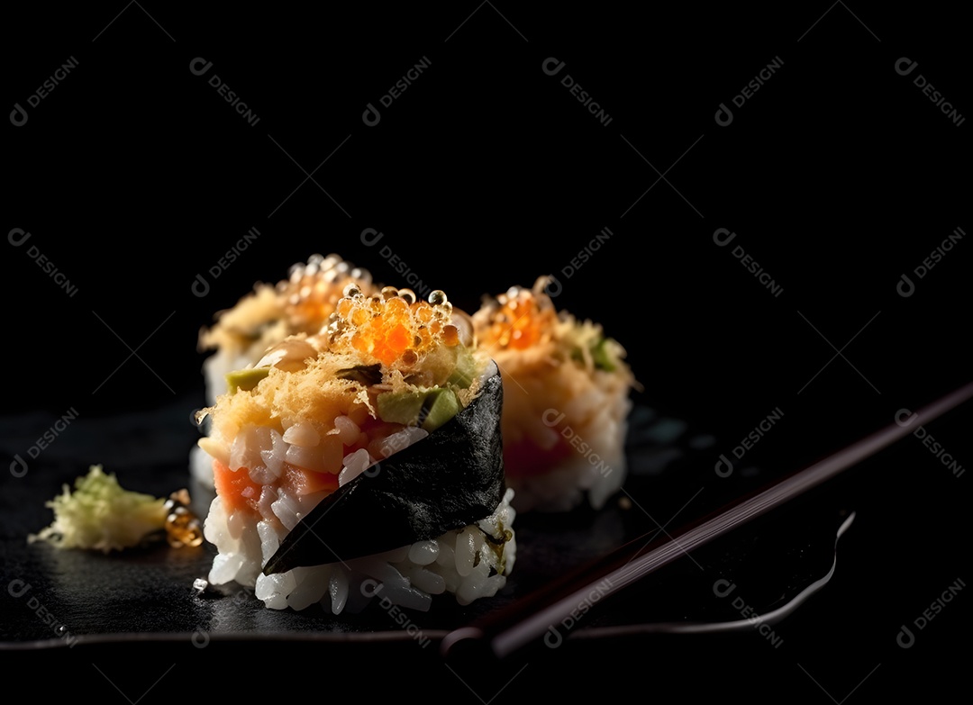 Deliciosas peças de sushi sobre fundo preto