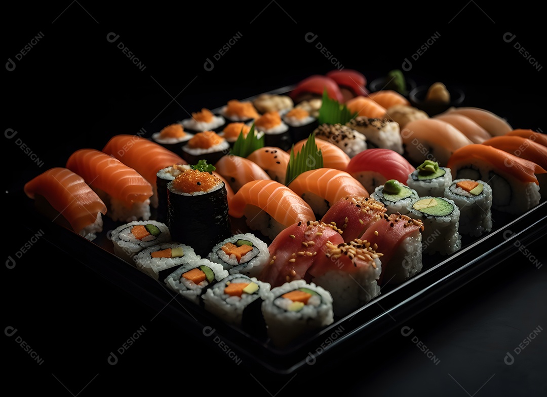 Deliciosas peças de sushi sobre fundo preto