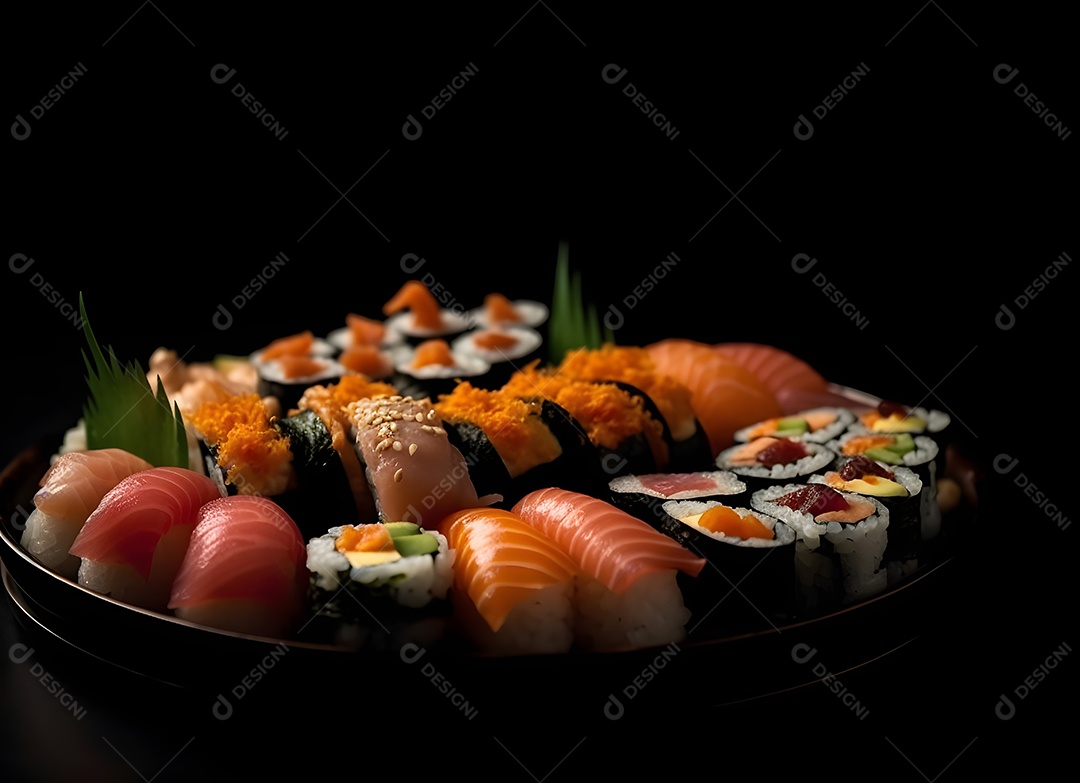 Deliciosas peças de sushi sobre fundo preto