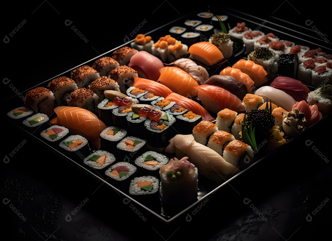 Deliciosas peças de sushi sobre fundo preto
