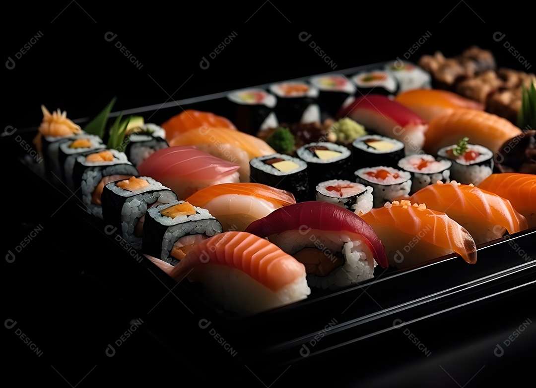 Deliciosas peças de sushi sobre fundo preto