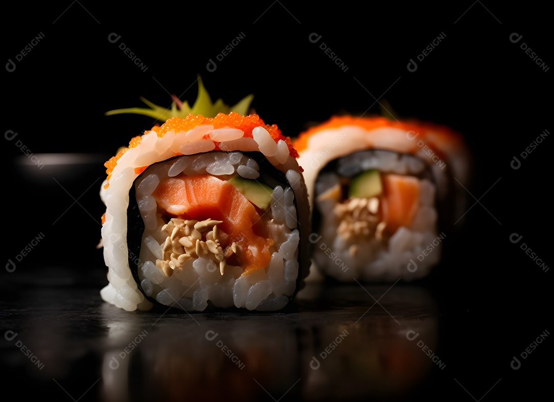 Deliciosas peças de sushi em fundo preto