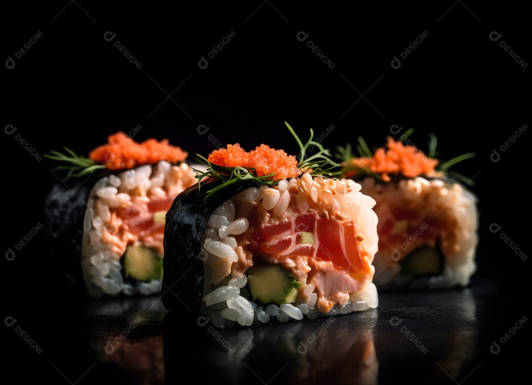 Deliciosas peças de sushi em fundo preto
