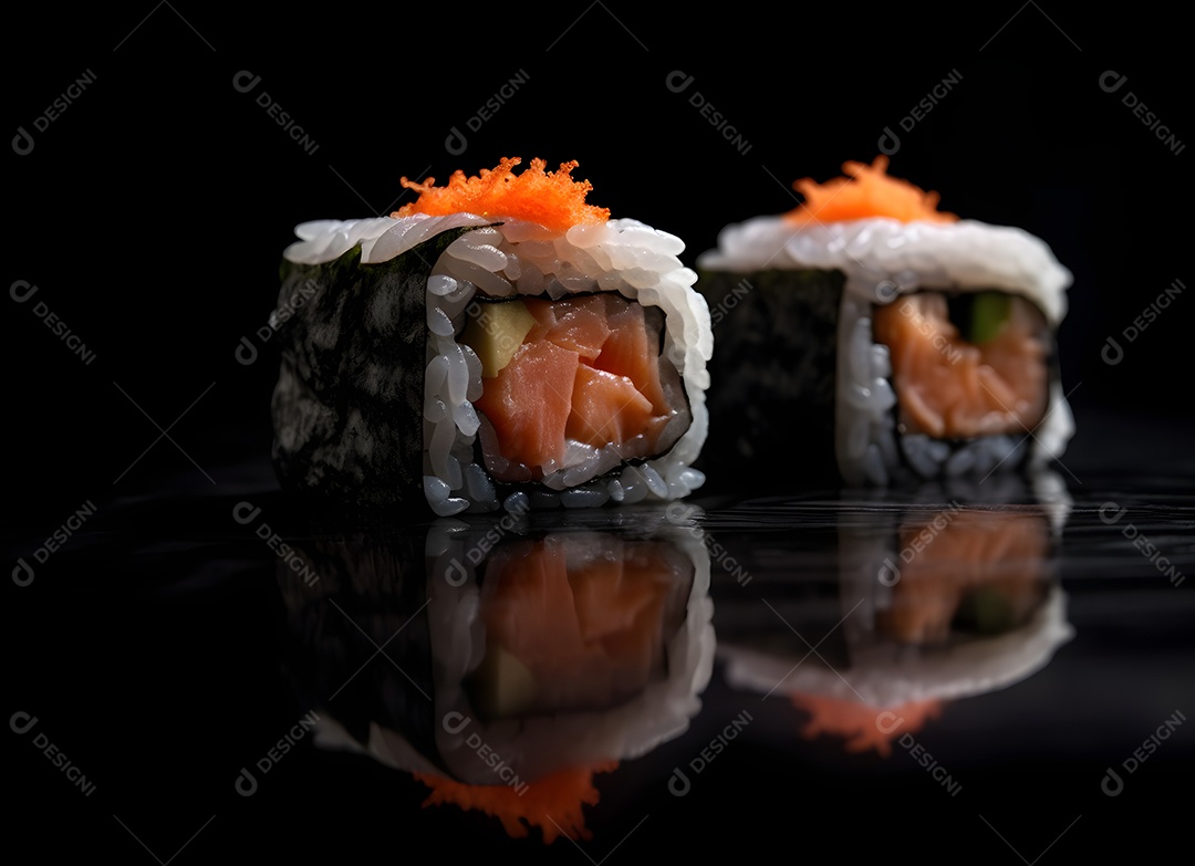 Deliciosas peças de sushi em fundo preto
