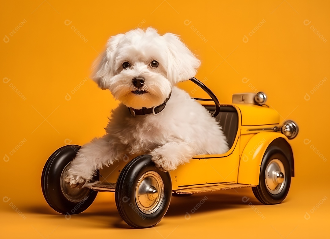 Cachorro maltês fofo em carro de brinquedo em fundo amarelo