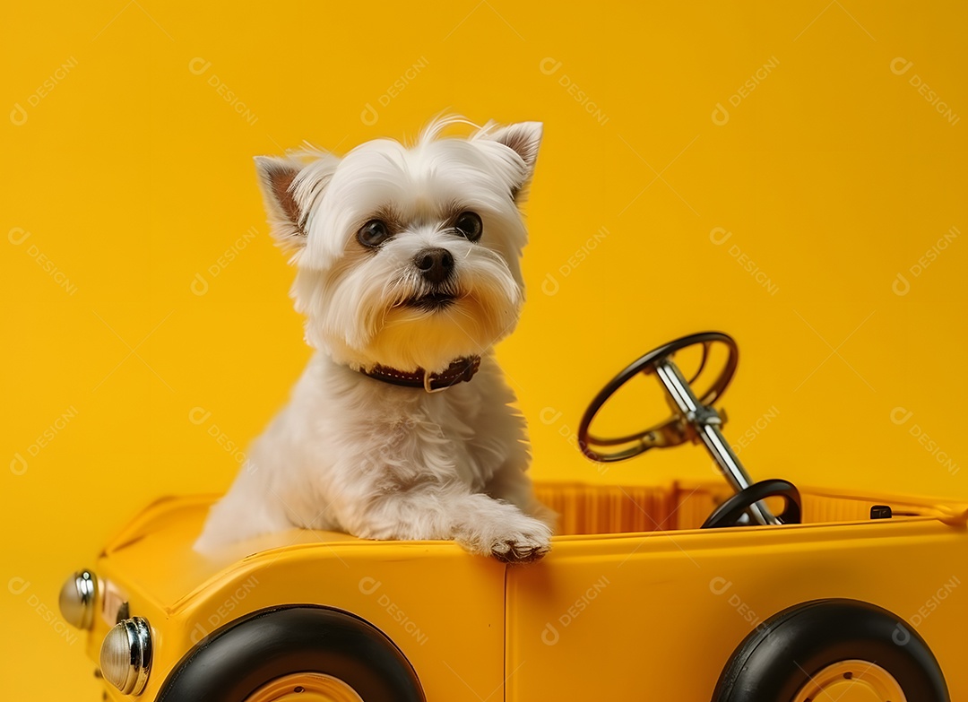 Cachorro maltês fofo em carro de brinquedo em fundo amarelo