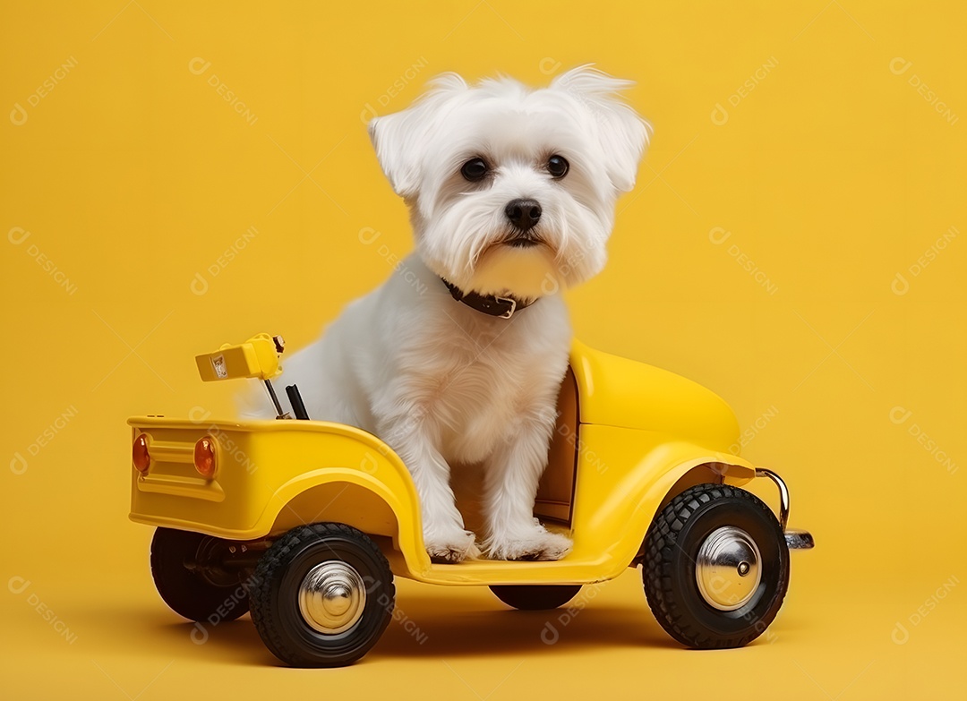 Cachorro maltês fofo em carro de brinquedo em fundo amarelo