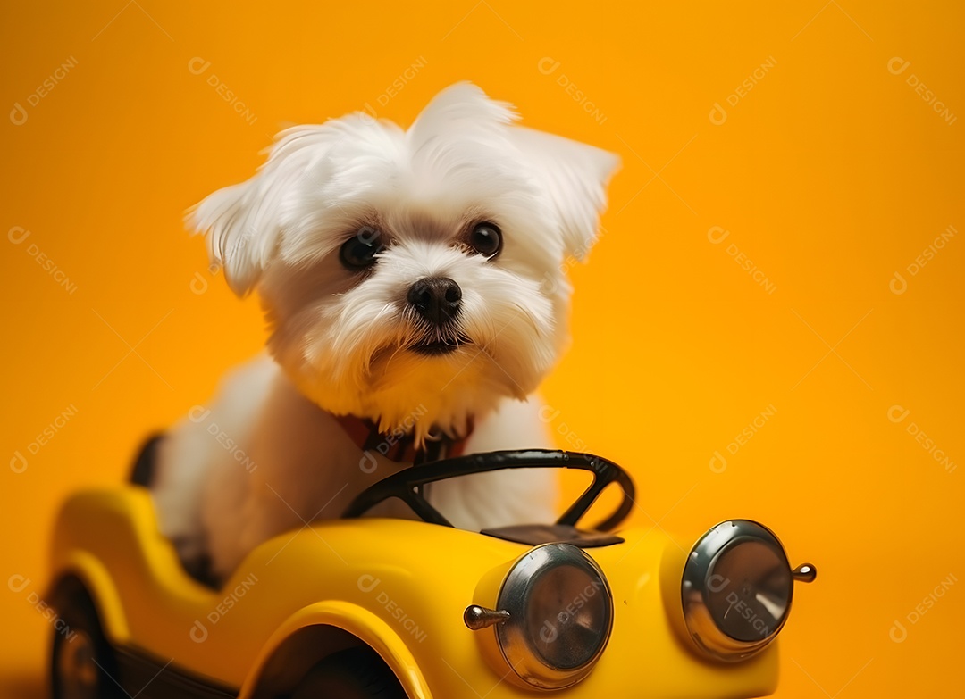 Cachorro maltês fofo em carro de brinquedo em fundo amarelo