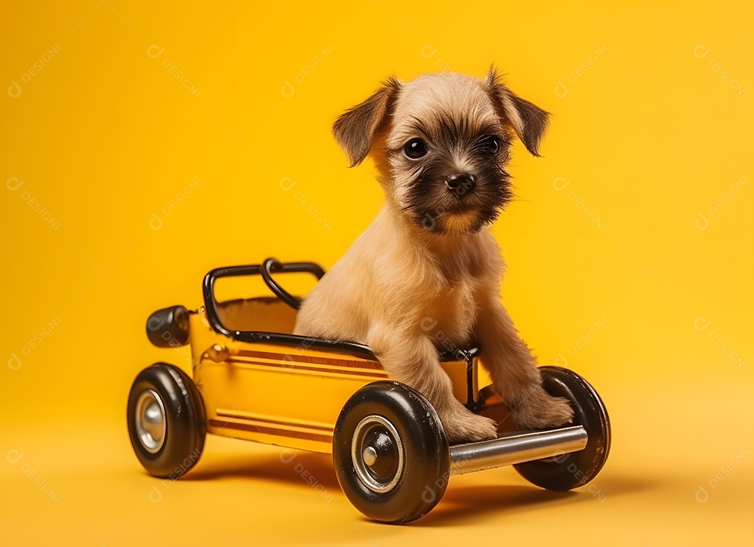 Cachorro fofo em carro de brinquedo em fundo amarelo