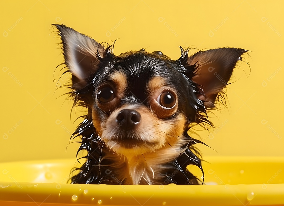 Cachorro Chihuahua fofo tomando banho em fundo amarelo