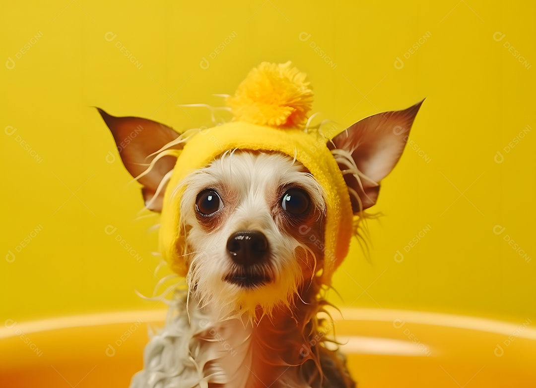 Cachorro chihuahua fofo tomando banho em fundo amarelo